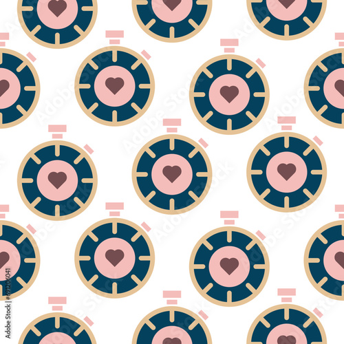 Cute stop watch seamless vector pattern. Sport timer girlish retro background for wallpaper and fabric design.