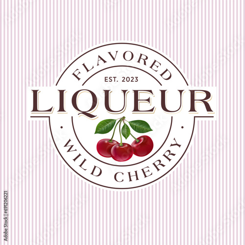 Cherry liqueur emblem. Label or packaging. Circle frame with letters and ripe berries. Retro style design.