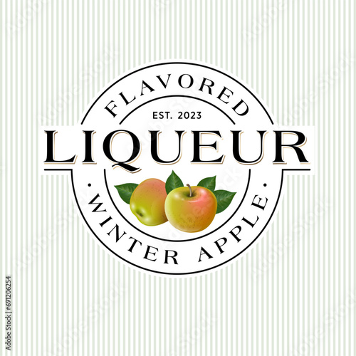 Apple liqueur emblem. Label or packaging. Circle frame with letters and ripe fruits. Retro style design.