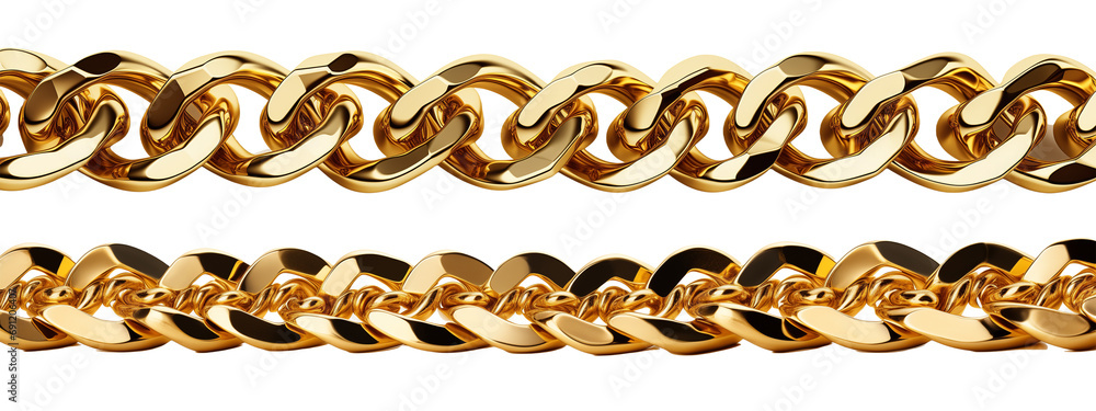 Golden chain border. Seamless luxury chains of different shapes, realistic gold jewelry links, metal golden elements repeating pattern metallic frame set. Generative AI - obrazy, fototapety, plakaty 