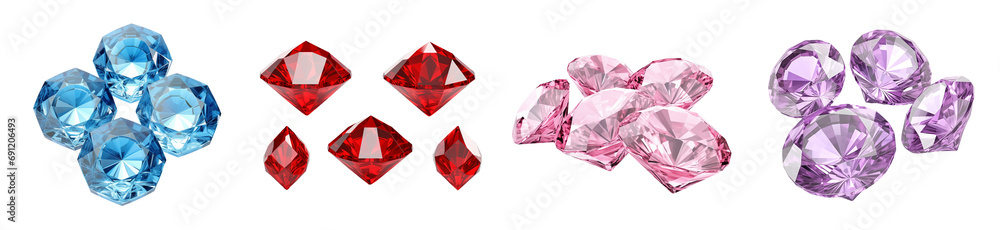 Sparkling light round brilliant cut diamond and glowing lens flares. 3D rendering red, pink, purple and blue crystal diamonds group. Generative AI Sparkling light round brilliant cut diamond and glowing lens flares. 3D rendering red, pink, purple and blue crystal diamonds group. Generative AI