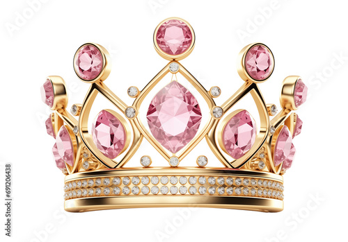 Royal gold crown with pink diamonds isolated on transparent background. Generative AI photo