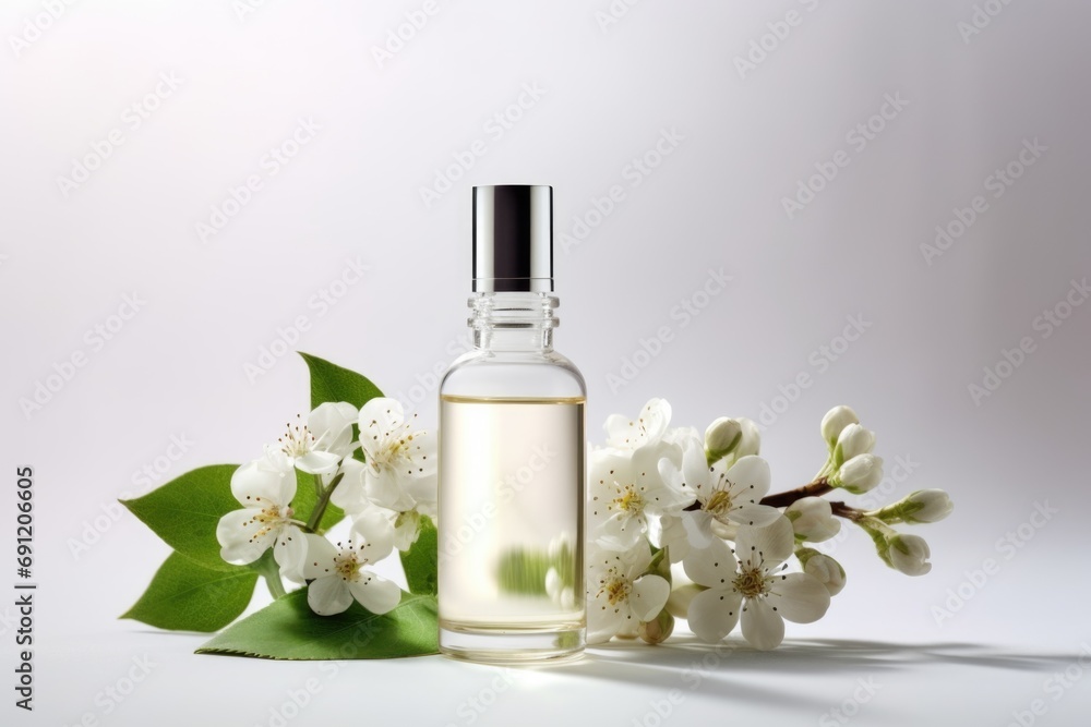A bottle of essential oil next to a branch of flowers A bottle of essential oil next to a branch of flowers