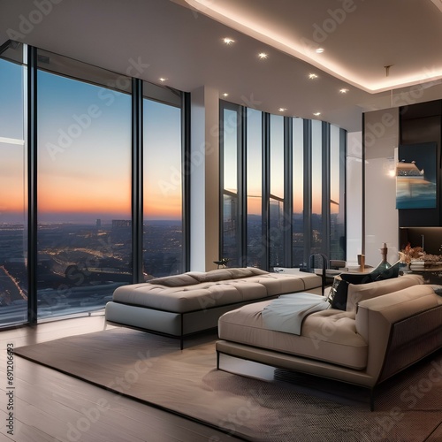 A contemporary penthouse with expansive glass walls and panoramic city views1 photo