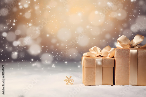 new year winter gift boxes on ground covered with snow background © DailyLifeImages