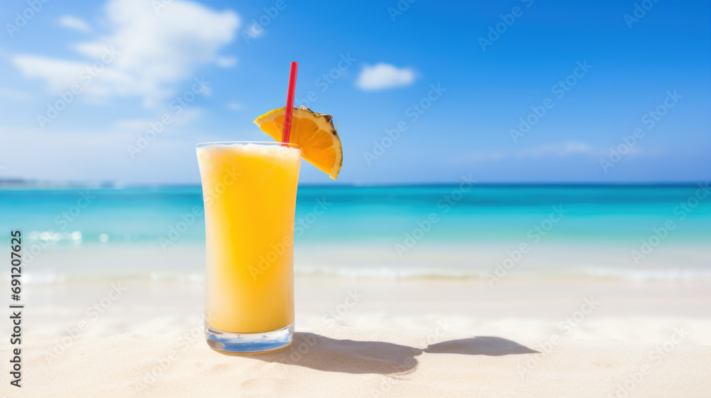 Smoothie, juice or cocktail on sand, water's edge, tropical beach Smoothie, juice or cocktail on sand, water's edge, tropical beach