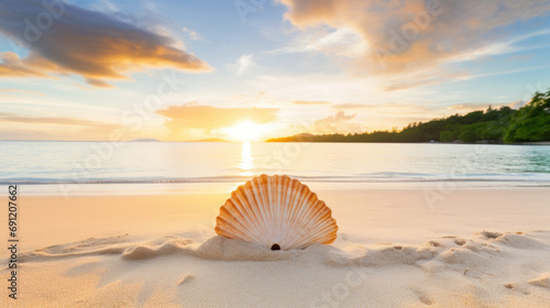 Sea shell on sand, water's edge on idyllic beach, sunset