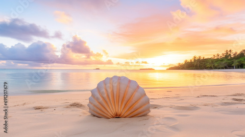 Sea shell on white sand, sunset, idyllic, pristine tropical beach
