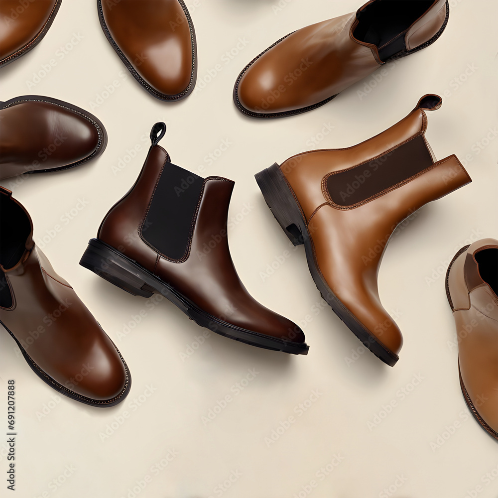 A pair of brown Chelsea boots with off white background, flat lay composition A pair of brown Chelsea boots with off white background, flat lay composition