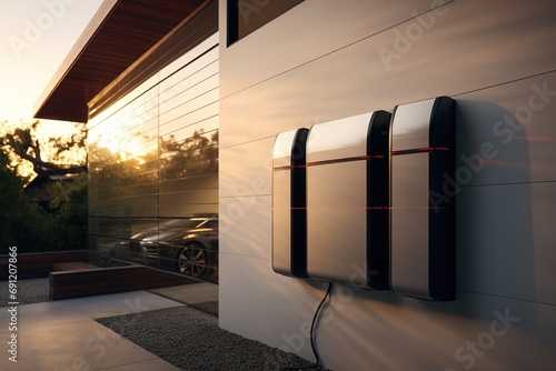 battery packs alternative electric energy storage system at home garage wall as backup or sustainable energy concepts photo