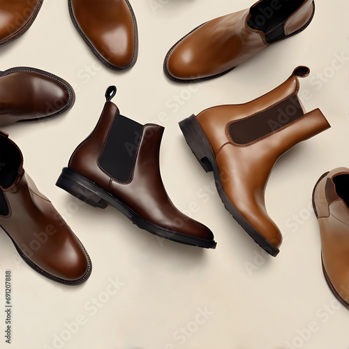 A pair of brown Chelsea boots with off white background, flat lay composition