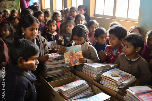 Children engaged in book donation campaigns, leaving room for messages on literacy photo
