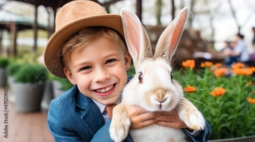 Fröhlicher kleiner Junge mit einem niedlichen Hasen in seinen Händen. photo