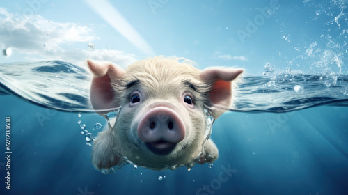 Ein süßes schwimmendes rosa Schweinchen in klarem Wasser. photo