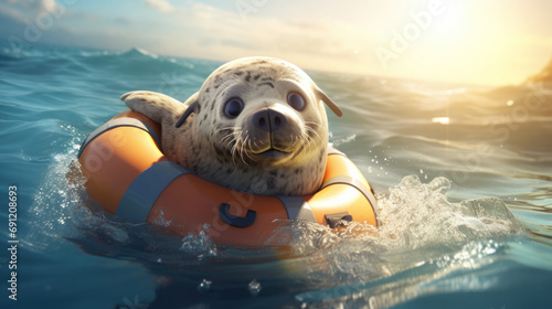 Ein süße kleine Robbe auf dem Meer in einem Rettungsring. Cartoon-Stil. photo