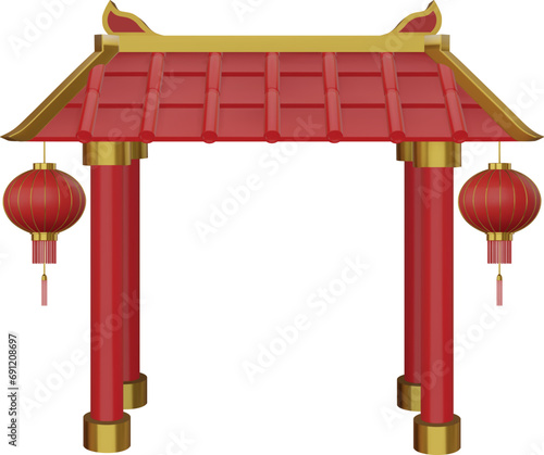 3d chinese temple gate with lanterns
