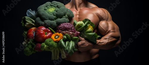 Ein starker muskulöser Mann, hält mit seinen Armen, einen riesen Strauß mit Gemüse. Fitness, Gesunde Ernährung. Konzept gesunder Lebensstil.
