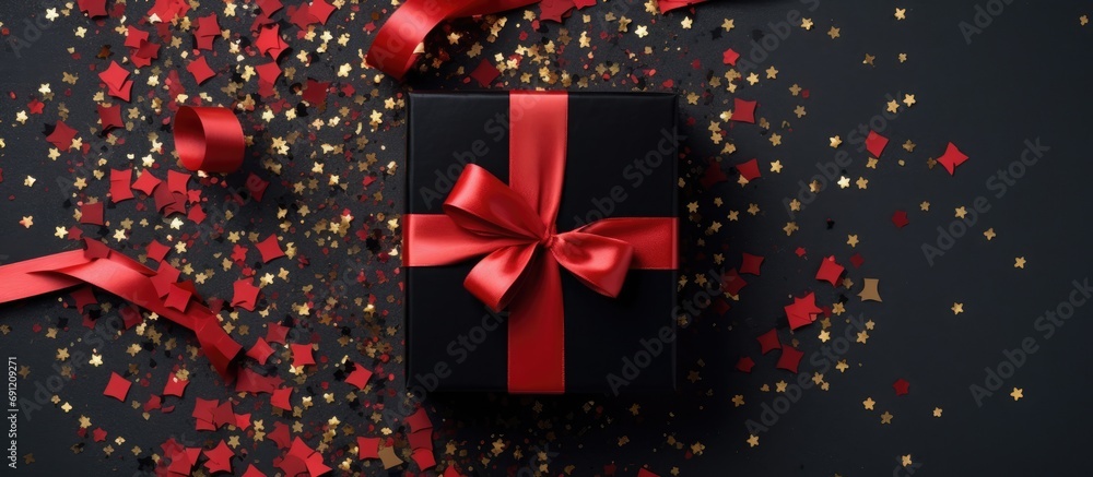 Festive Black Friday surprise Black gift box with red ribbon strap dark background top view Festive Black Friday surprise Black gift box with red ribbon strap dark background top view