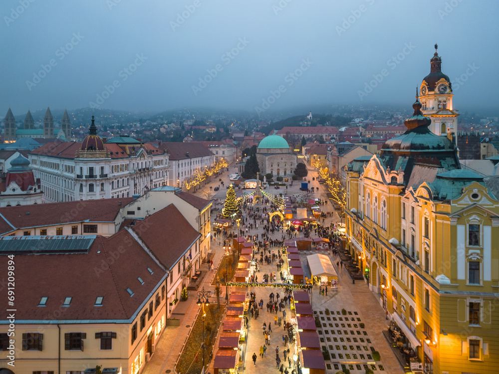 Aerial photo of Advent market in Pecs, Hungary