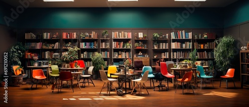 Interior of a reading cafe with colorful chairs and tables