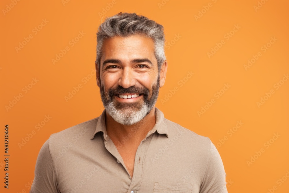 Portrait of handsome middle-aged man with grey hair and beard on orange background Portrait of handsome middle-aged man with grey hair and beard on orange background