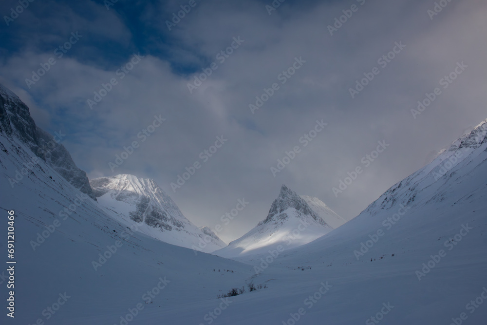 Mountains of the Nallo massif during the winter season after a snowstorm, Lapland, Sweden