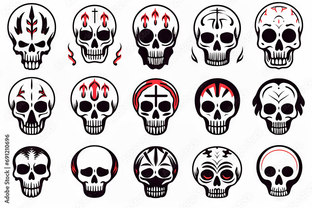 Cartoon illustration of various skulls arranged in a graphics sheet isolated on a white background Cartoon illustration of various skulls arranged in a graphics sheet isolated on a white background
