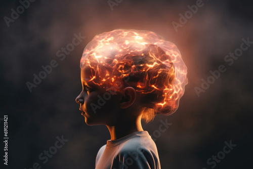 A child depicted with shimmering lights in the brain area against a dim surface, showcasing the complexity of neural pathways photo
