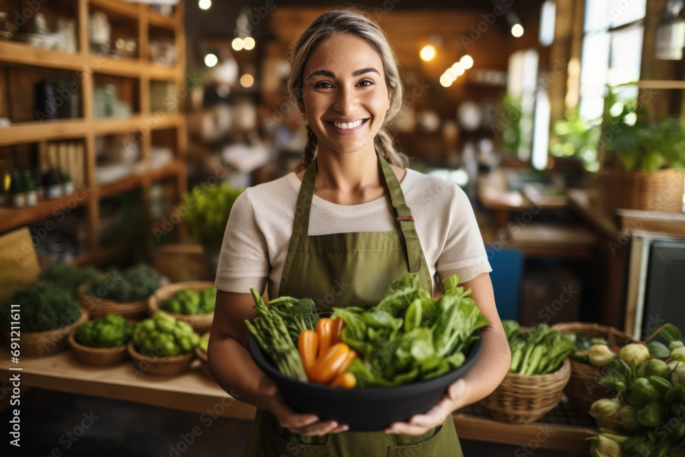 Enthusiastic young woman sells fresh vegetables with a welcoming demeanor, ensuring a delightful shopping experience