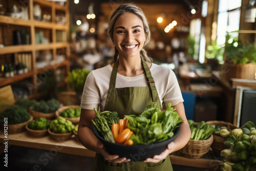 Enthusiastic young woman sells fresh vegetables with a welcoming demeanor, ensuring a delightful shopping experience