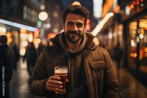 City vibes and beer: Embrace the city vibes as a man indulges in beer on a bustling street