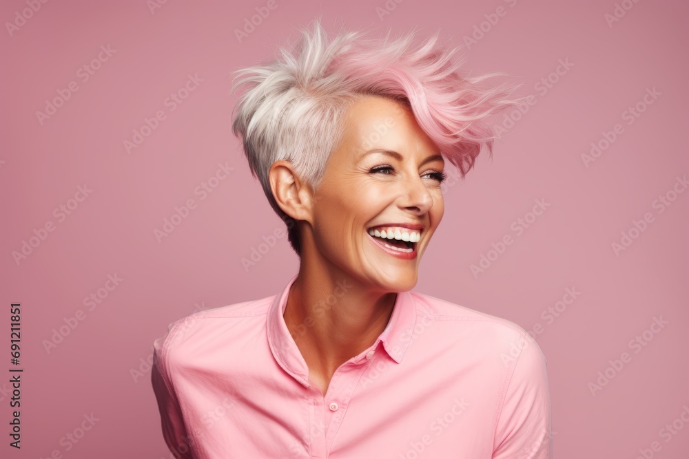 Portrait of happy smiling mature woman with pink hair on pink background Portrait of happy smiling mature woman with pink hair on pink background