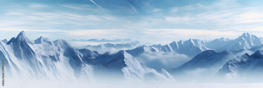 a panoramic view of snowy mountains with snow covered peaks covered with fog and snow in winters