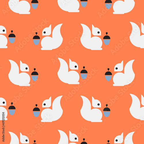 Cute squirrel with acorns seamless pattern orange background print. Vector geometric illustration for kids or home decor. Surface pattern design.