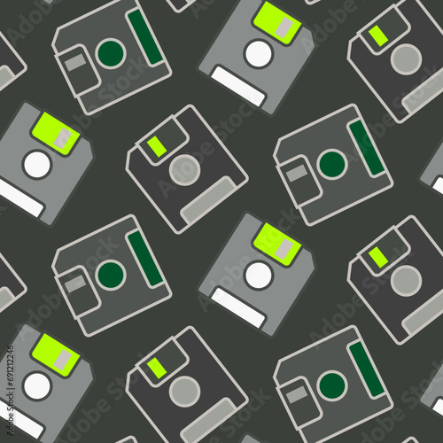 Gray Floppy disk for computer data storage icon seamless pattern background. Vintage technic style background.