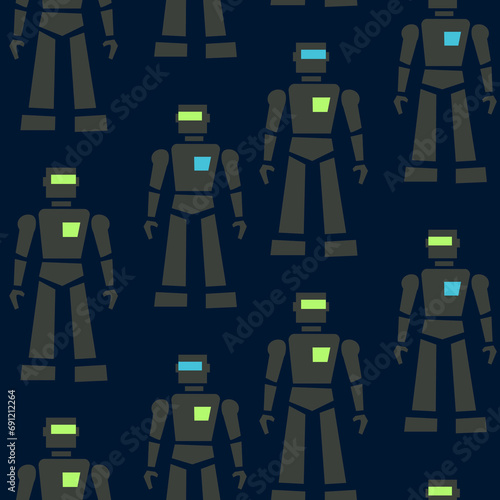 Seamless pattern of cute robots cartoon game style. Cool robot toys for design of backgrounds, wallpapers, fabrics, wrapping paper
