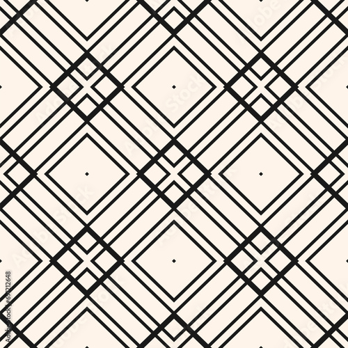 Seamless vector pattern with thin line grid, diamond and square shapes creating a minimal geometric lattice design. Abstract black and white repeat texture. Modern background, simple linear ornament