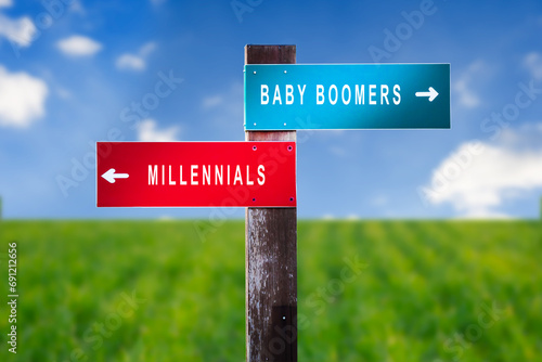 Baby Boomers vs Millennials - Traffic sign with two options.