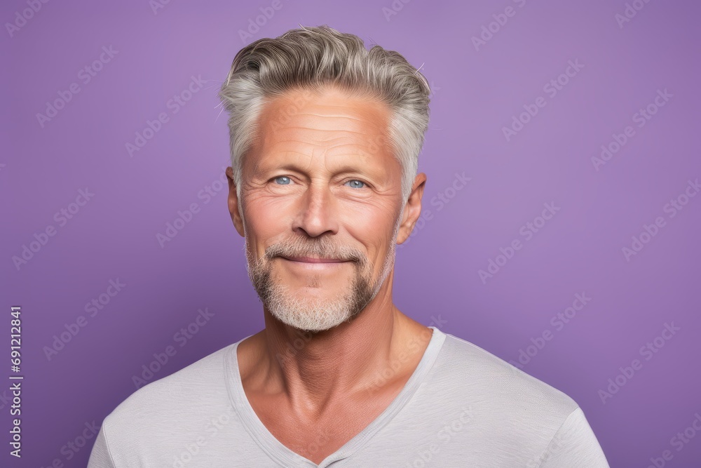 Portrait of handsome mature man with grey hair and beard on purple background Portrait of handsome mature man with grey hair and beard on purple background