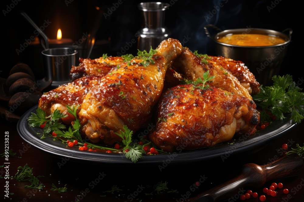 Fried crispy chicken legs in breadcrumbs on a wooden serving board on a dark background. Fast food from the drumstick close-up Fried crispy chicken legs in breadcrumbs on a wooden serving board on a dark background. Fast food from the drumstick close-up