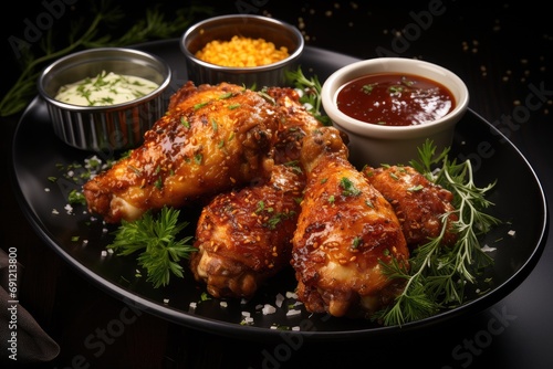 Fried chicken legs on a dark background. Prepared with mustard and olive oil sauce. Fast food from the drumstick close-up