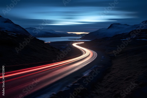 a highway road with cars moving fast with motion blur between snowy mountains