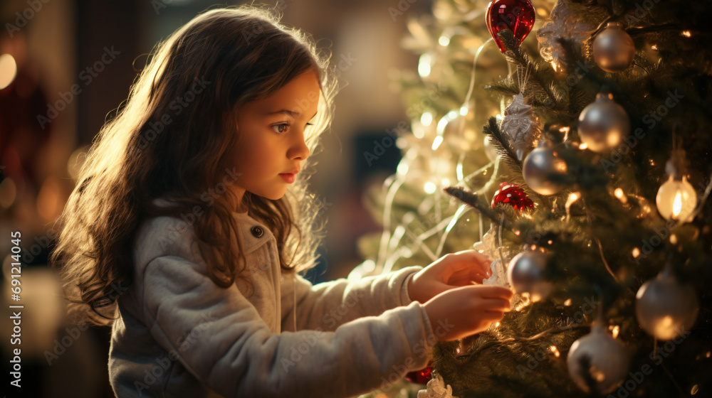 Christmas tree beautifully decorated with ornaments and a little girl actively decorating Christmas tree beautifully decorated with ornaments and a little girl actively decorating
