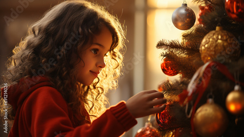 Christmas tree beautifully decorated with ornaments and a little girl actively decorating © Gennie Fx