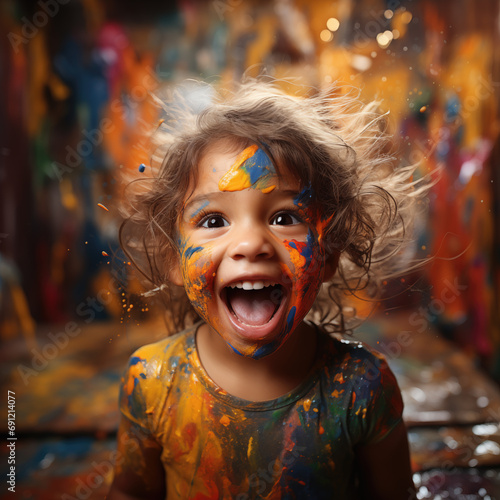 Little girl covered in colorful paint