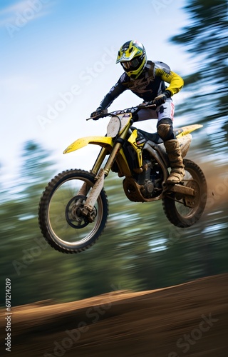 a man rider riding a sport dirt bike in a race doing jumping stunt in the air © DailyLifeImages