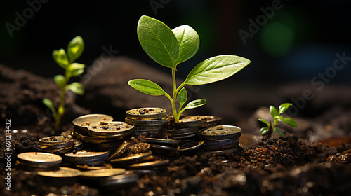 dynamic and eye catching photo of a plant sprouting from a coin-filled jar, situated in an office environment Capture the essence of prosperity and the successful accumulation of wealth photo