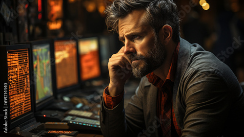 focused and intense image of a finance trade manager deeply engrossed in analyzing stock market indicators Capture the concentration and determination on their face, surrounded by screens photo