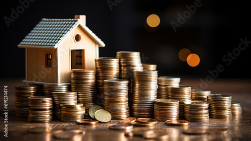 creative and detailed image of a small house model placed on a stack of money coins, symbolizing the concept of investment in real estate and mortgage.
