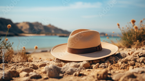 mock-up hat on an isolated beach background Focus on the hat's design and texture, set against the soft sands and calm waters of the beach